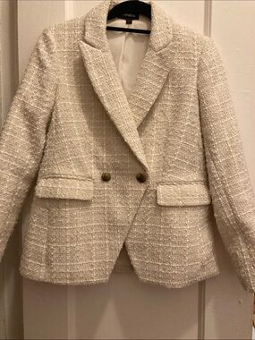 Express Cream Plaid Texture Tweed Double-Breasted Blazer with Gold BTN size XS